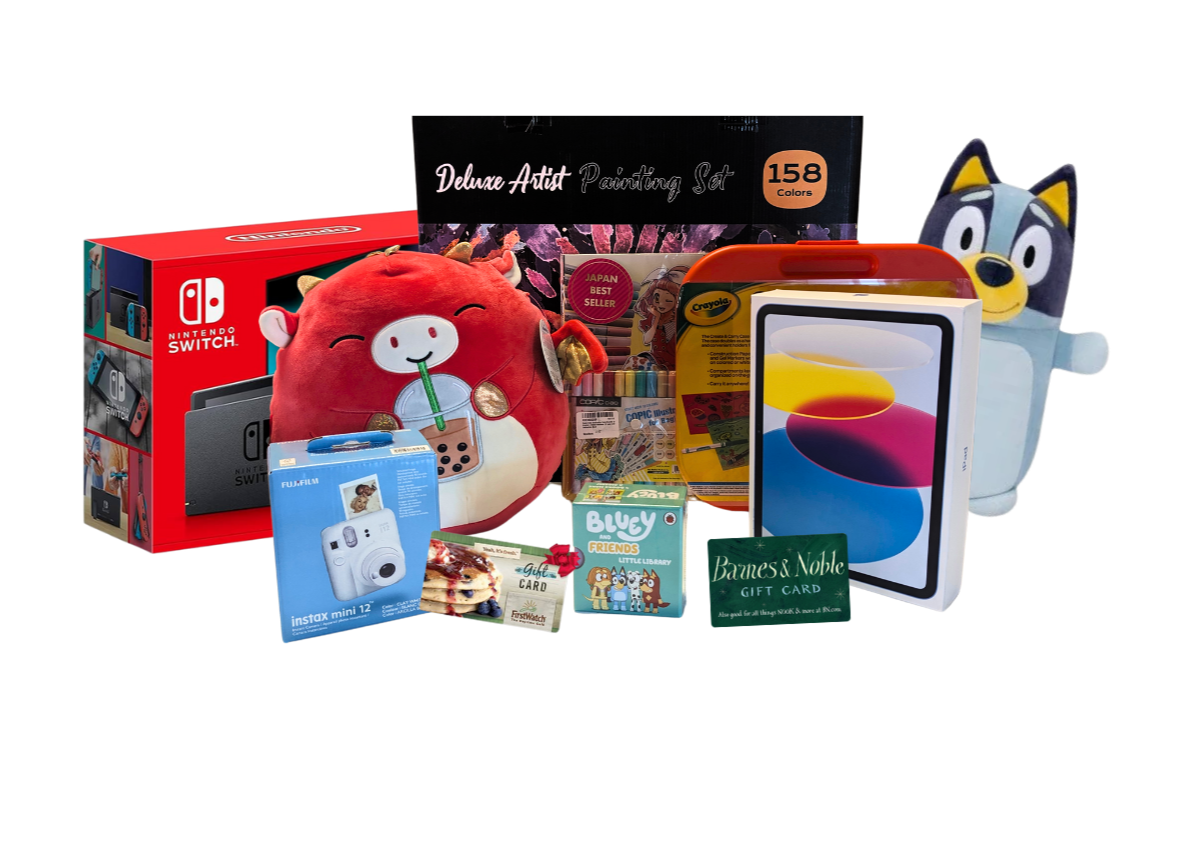a Nintendo Switch, art kit, squishmallows, gift cards, and other grand prizes.
